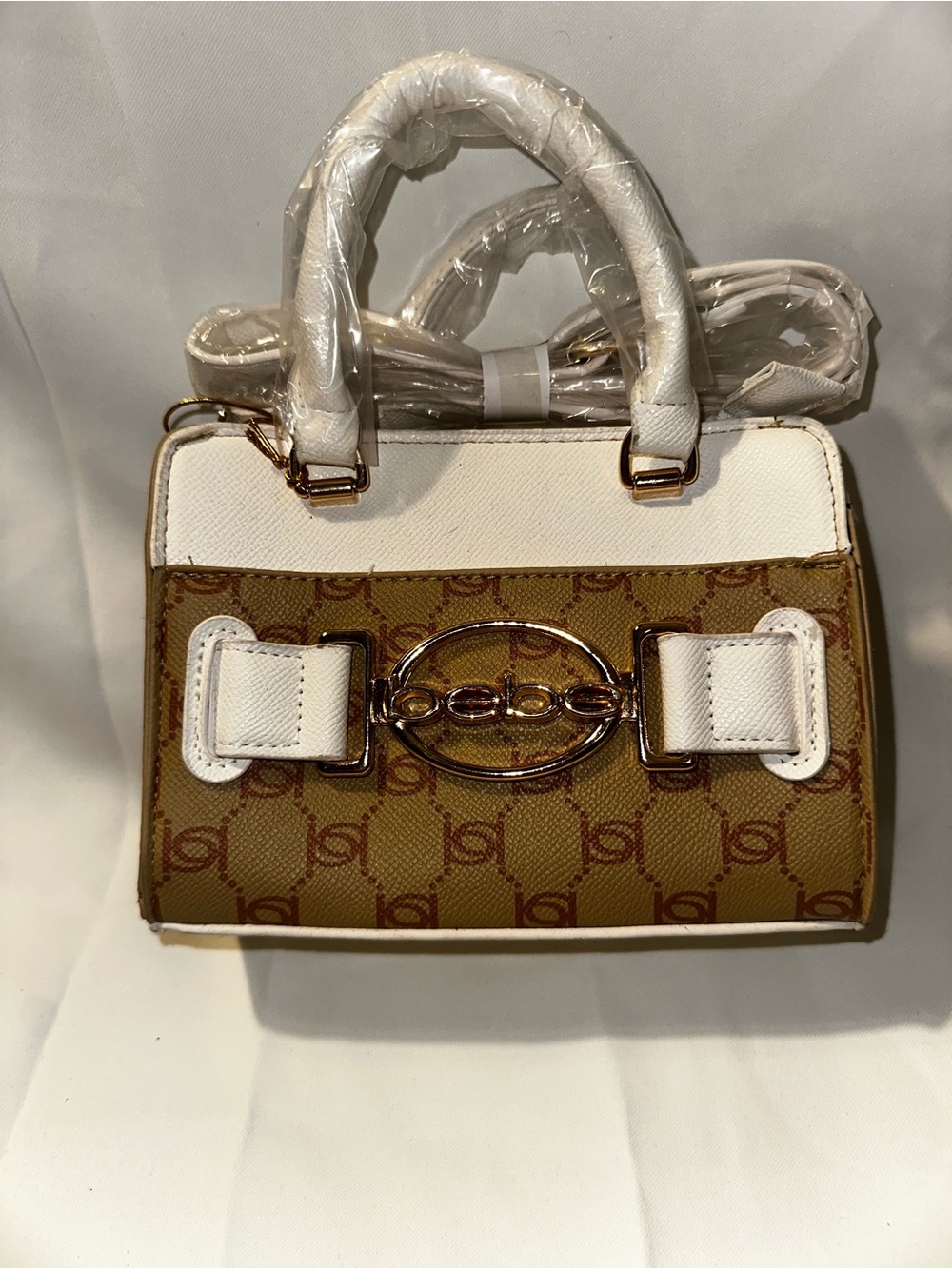 D13. Bebe Structured White & Brown Mini Satchel Handbag with crossbody Straps